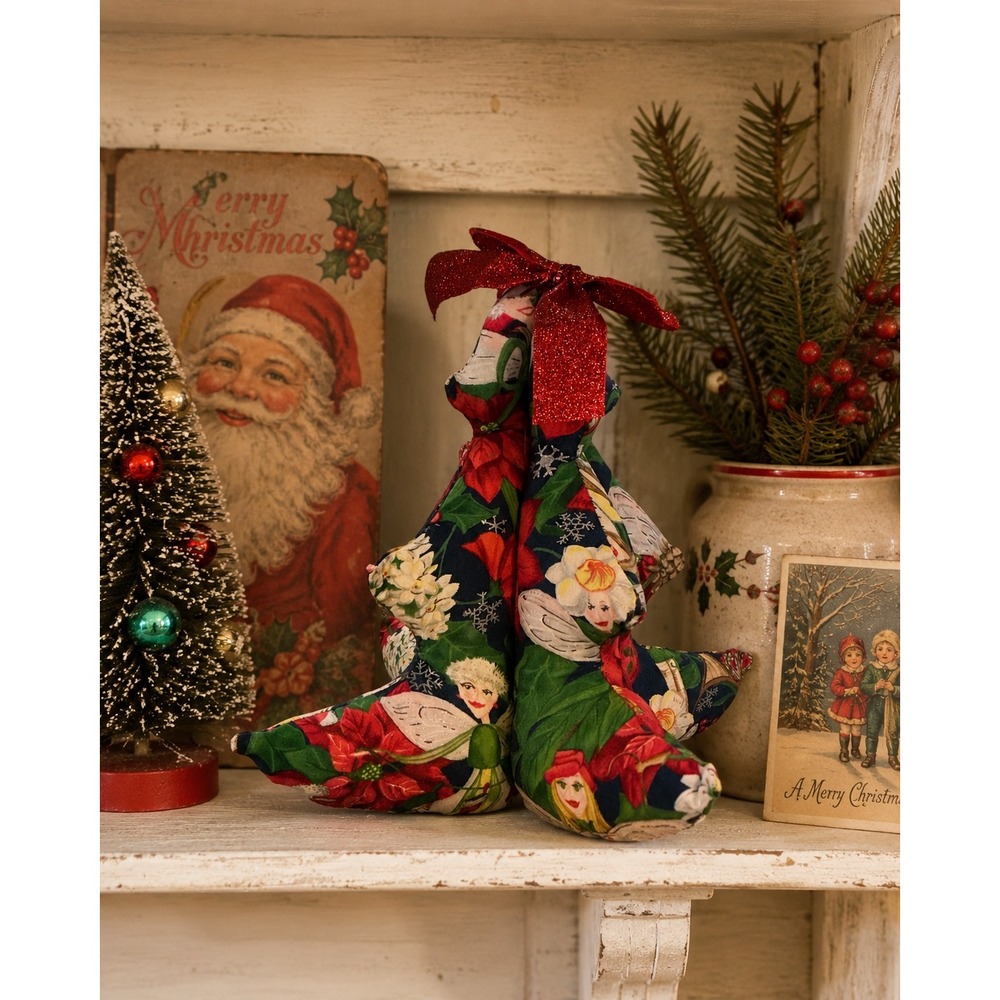 Vintage Handmade Fabric Christmas Tree Angel Poinsettia Print 8in Plush Decor